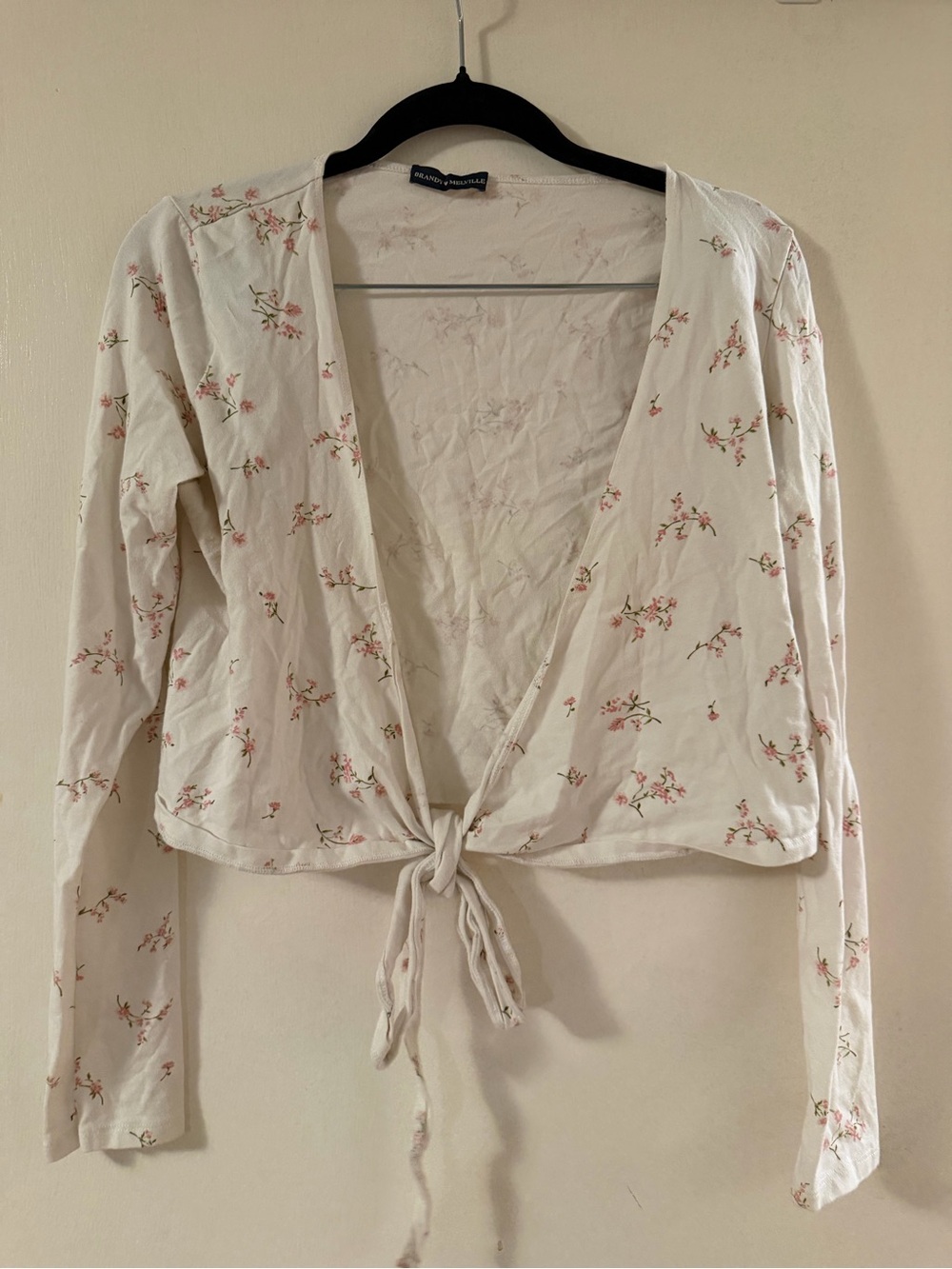 Brandy Melville Cream Tie-Front Crop Top with Pink Floral Print
